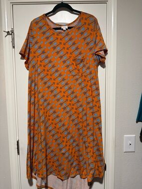 LuLaRoe Orange Midi Dress with Blue Geometric Print
